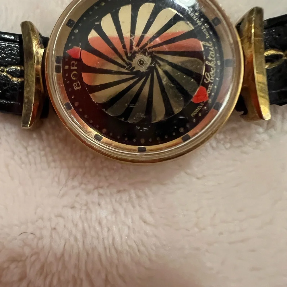 🩷 Ernest Borel 26 Gold-Plated 17🩷 Jewel Kaleidoscope Watch w/ Black Leather Band